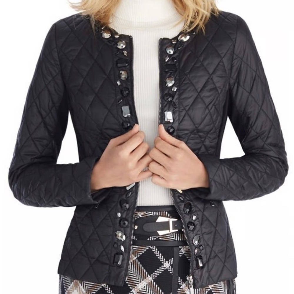 WHBM Embellished Quilted Puffer Jacket Black EUC $150 SP PS Petite Small